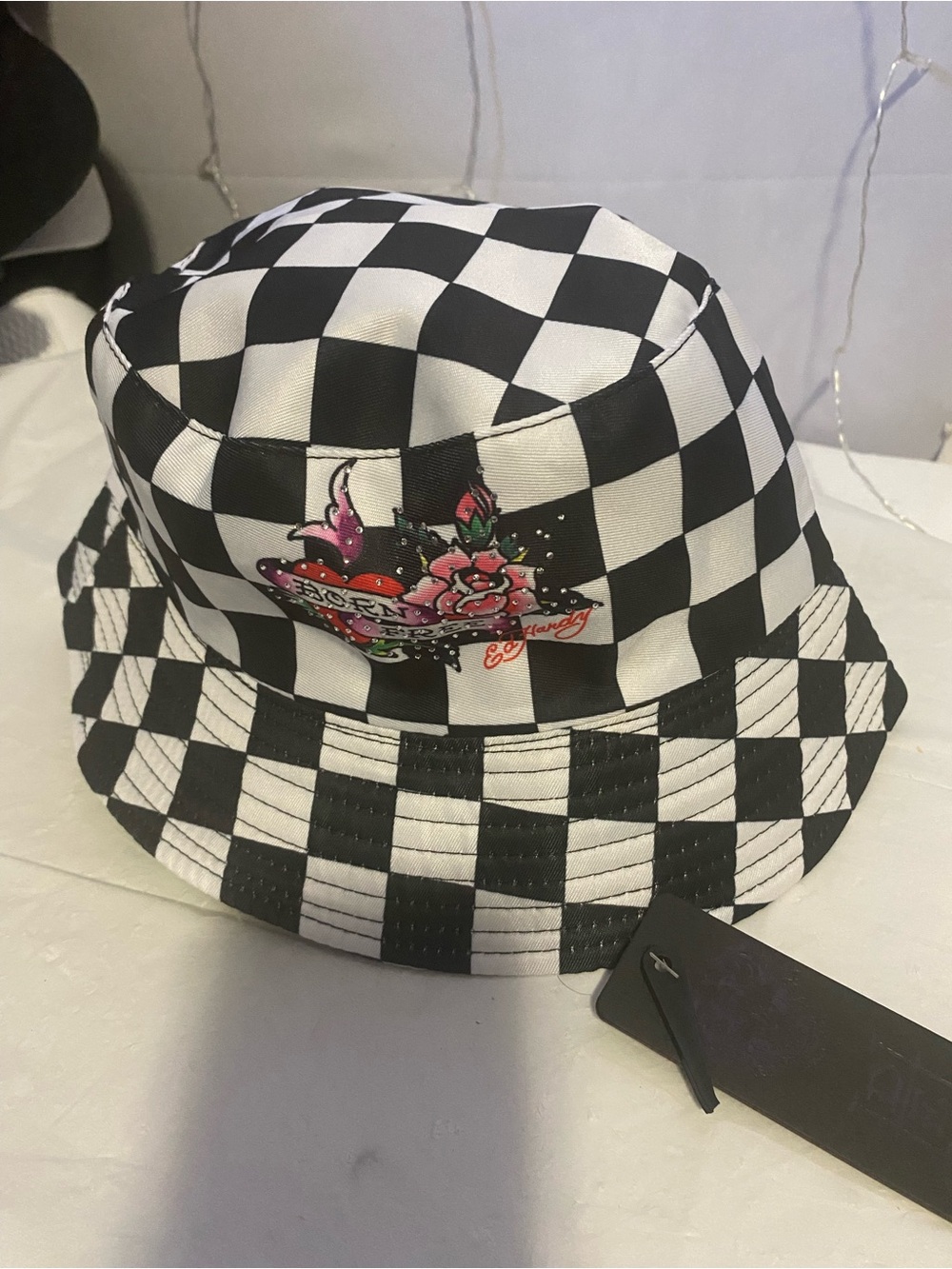 Black & White Checkered Kids Bucket Hat with Floral Heart Patch